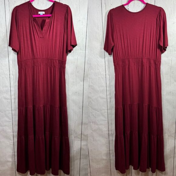 Serra Womens Long MaxI Dress Tiered Burgundy Elastic Waist Boho Stretch Dress - Picture 1 of 16